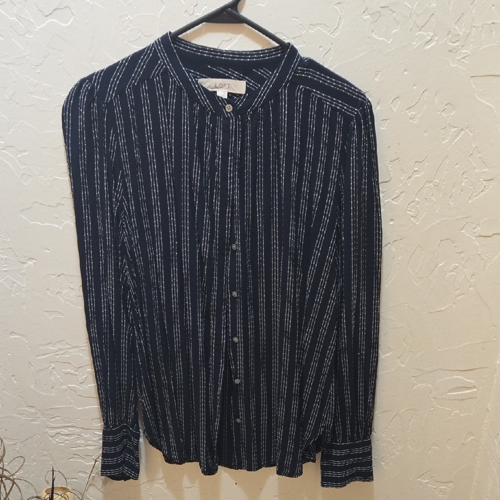 LOFT Navy and White Striped Casual Shirt